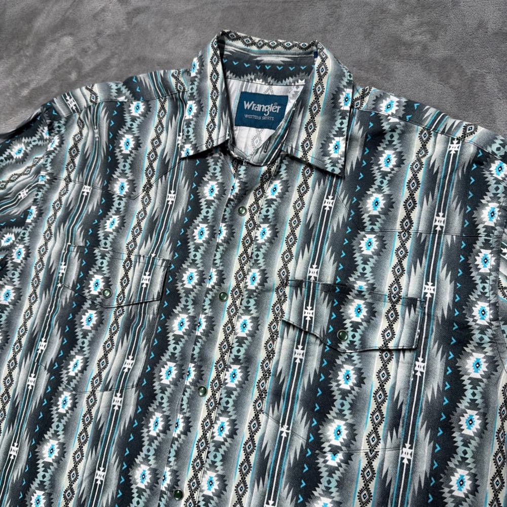 Wrangler Brush Popper Shirt Mens Large Blue Aztec Southwestern‎ Pearl Snap